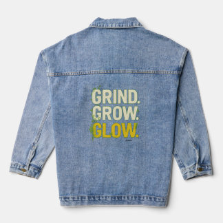 GRIND.GROW.GLOW.—インスピレーションの植物タイポグラフィ デニムジャケット
