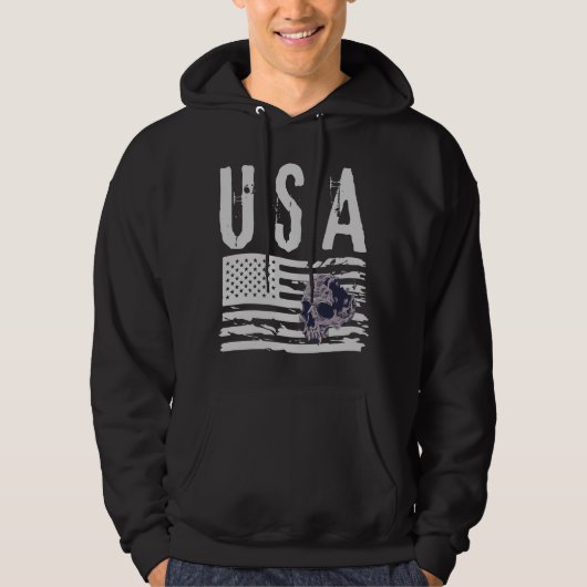 Gritty USA Flag Skull Graphic Black Hoodie パーカ (正面)