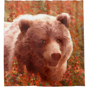 Grizzly Bear Cub in Fireweed'絵画's Wildlife Art シャワーカーテン