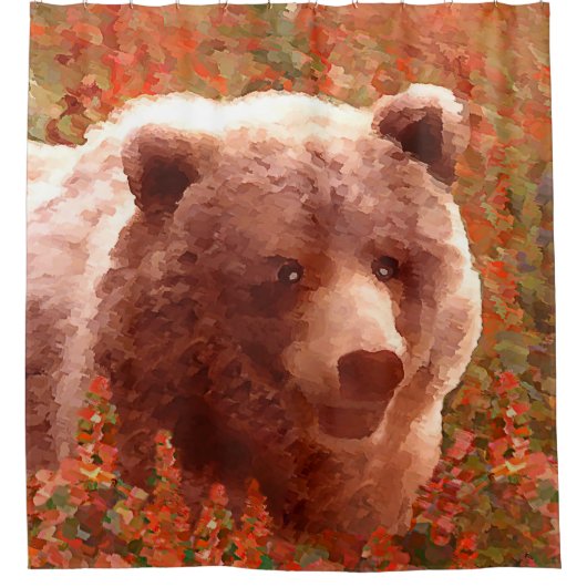 Grizzly Bear Cub in Fireweed'絵画's Wildlife Art シャワーカーテン (正面)