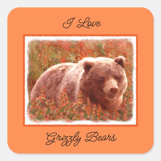 Grizzly Bear Cub in Fireweed'絵画's Wildlife Art スクエアシール (正面)