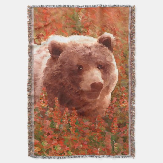 Grizzly Bear Cub in Fireweed'絵画's Wildlife Art スローブランケット (正面縦)