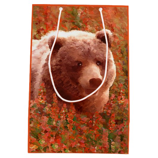 Grizzly Bear Cub in Fireweed'絵画's Wildlife Art ミディアムペーパーバッグ (裏面)