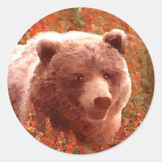 Grizzly Bear Cub in Fireweed'絵画's Wildlife Art ラウンドシール (正面)