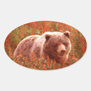 Grizzly Bear Cub in Fireweed'絵画's Wildlife Art 楕円形シール