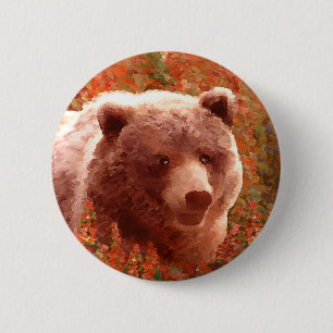 Grizzly Bear Cub in Fireweed'絵画's Wildlife Art 缶バッジ