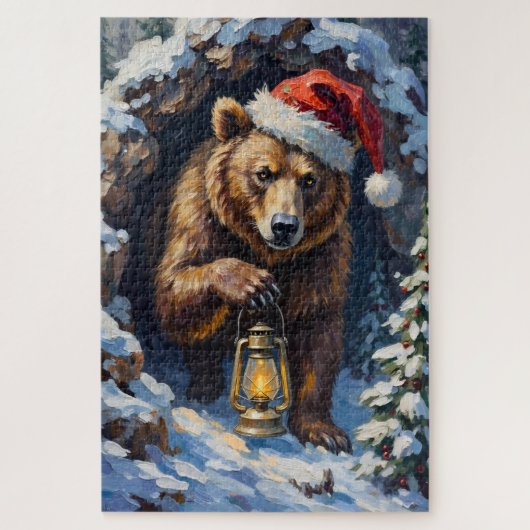 Grizzly Bear Emerging from Christmas Slumber Hat ジグソーパズル (縦)