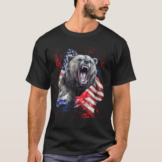 Grizzly Bear Grunge American Flag 4th Of July Patr Tシャツ (正面)