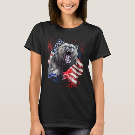 Grizzly Bear Grunge American Flag 4th Of July Patr Tシャツ (正面)