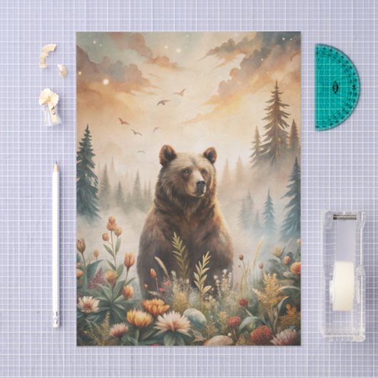 Grizzly Bear in a Forest Meadow with Flowers 薄葉紙 (クラフト)