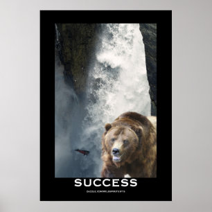 Grizzly Bear Salmon & Waterfall SUCCESS Motivation ポスター
