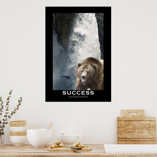 Grizzly Bear Salmon & Waterfall SUCCESS Motivation ポスター (キッチン)