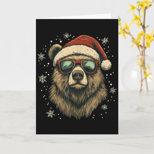 Grizzly Bear Santa Hat Funny Cute Animal Lover Chr カード (黄色い花)