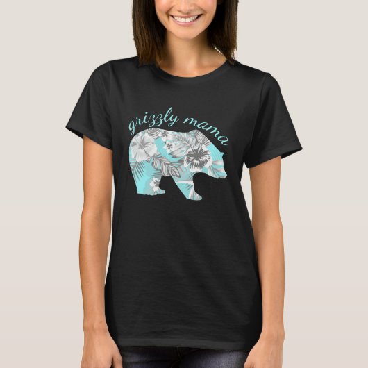 Grizzly Mama Blue Hawaiian Print Tシャツ (正面)