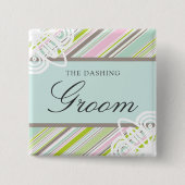 GROOMスイートガーデンストライプズ結婚シックの名前タグ 缶バッジ (正面)