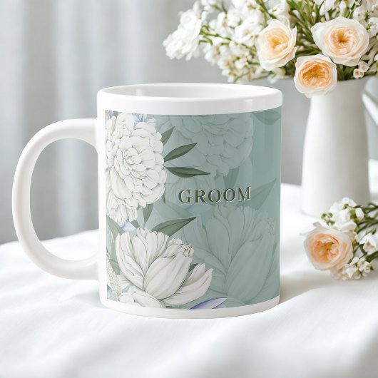 Groom Wedding Gift – Sage Green & Peonies Floral ジャンボコーヒーマグカップ