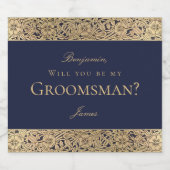 GroomsmanプロポーショエレガントンNavy Blue金ゴールドバラ スパークリングワインラベル (シングルラベル)