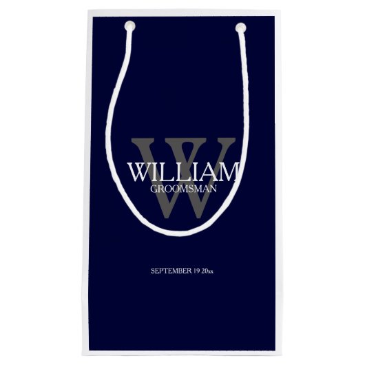 Groomsman モダン Monogram名エレガントNavy Blue スモールペーパーバッグ (正面)