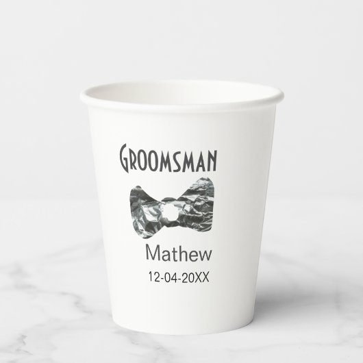 Groomsman add name date year gray collar bow文字 紙コップ (裏面)