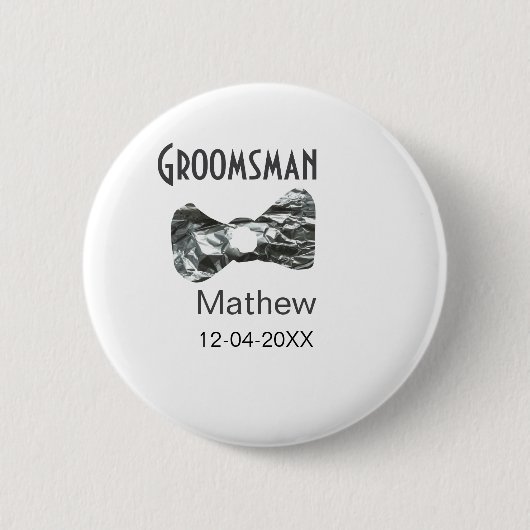 Groomsman add name date year gray collar bow文字 缶バッジ (正面)