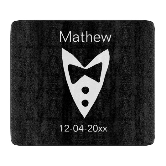 groomsman add name year black bow shirt tituxedo カッティングボード (正面)