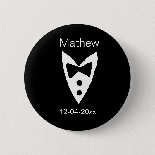 groomsman add name year black bow shirt tituxedo 缶バッジ (正面)