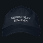 Groomsman Bachelor Party Wedding Role Custom 刺繍入りキャップ<br><div class="desc">Add a name and the role to play at the wedding by clicking the "Personalized" button. This chic and stylish cap serves as the perfect memento of a memorable getaway with your favorite buddies. The front of the cap showcases a captivating sports-inspired "Groom" typography that perfectly captures the fun and...</div>
