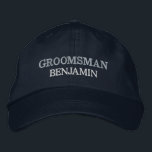 Groomsman Bachelor Party Wedding Role Custom 刺繍入りキャップ<br><div class="desc">Add a name and the role to play at the wedding by clicking the "Personalized" button. This chic and stylish cap serves as the perfect memento of a memorable getaway with your favorite buddies. The front of the cap showcases a captivating sports-inspired "Groom" typography that perfectly captures the fun and...</div>