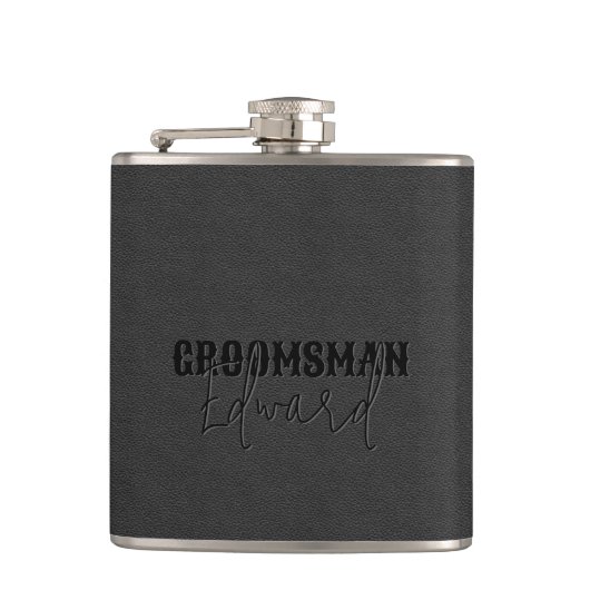 Groomsman Black Faux Leather Black Text フラスク (正面)
