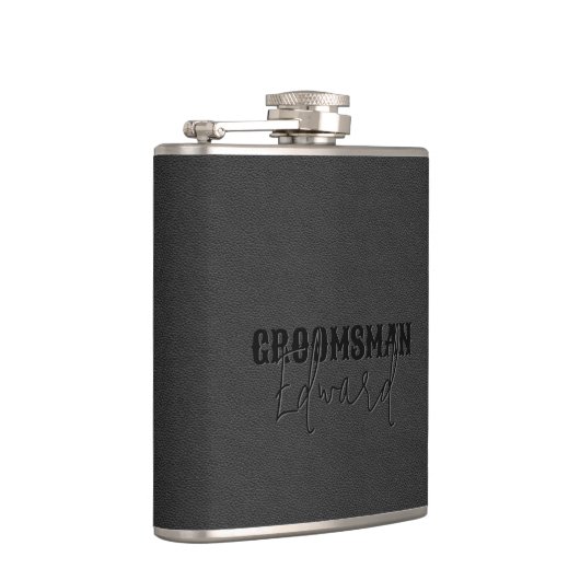 Groomsman Black Faux Leather Black Text フラスク (右)