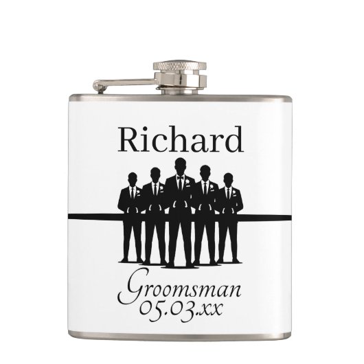 Groomsman Name Date Suit Silhouette Wedding Party フラスク (正面)