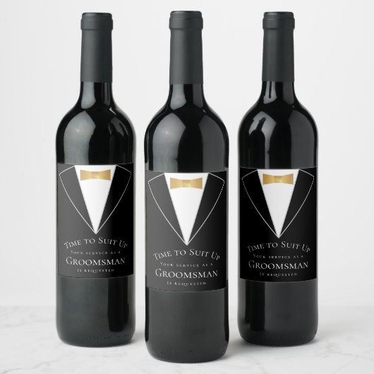 Groomsman Proposal Black フェイク金ゴールドTime to Suet Up ワインラベル (ボトル)