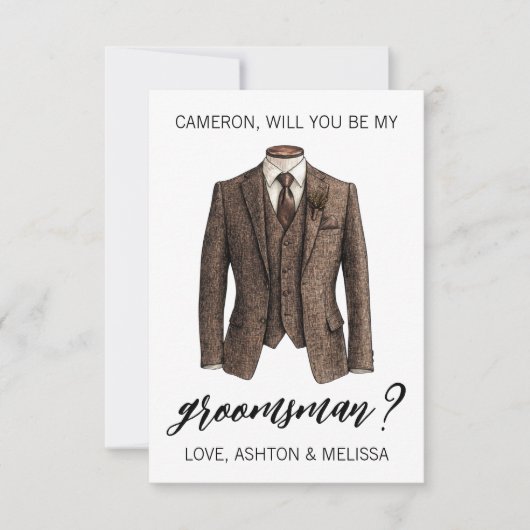 Groomsman Proposal Card, Brown Tweed Suit Jacket 招待状 (正面)