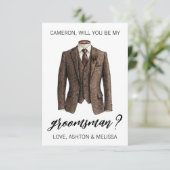 Groomsman Proposal Card, Brown Tweed Suit Jacket 招待状 (スタンド正面)