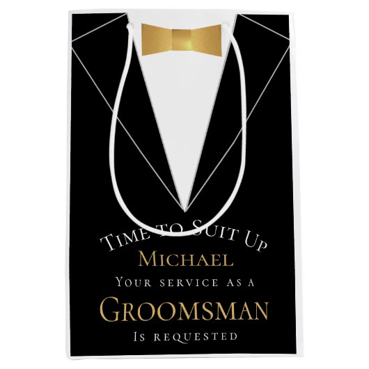 Groomsman Proposal Time to Suet Black フェイク金ゴールド ミディアムペーパーバッグ (正面)