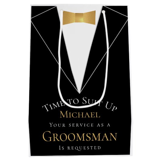 Groomsman Proposal Time to Suet Black フェイク金ゴールド ミディアムペーパーバッグ (裏面)