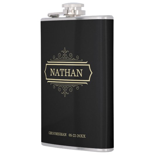 Groomsmenギフトパーソナライズされたフラスコ黒金ゴールド名 フラスク (左)