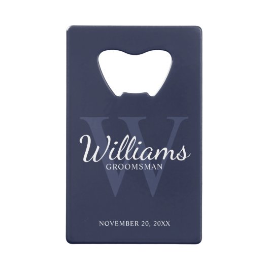 Groomsmenパーソナライズされたの名前とモノグラムのスクリプト クレジットカード栓抜き (正面)