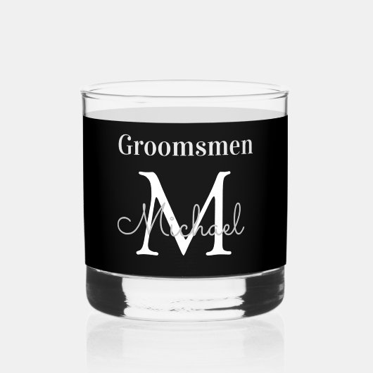 groomsmenパーソナライズされた白黒シック ウイスキーグラス (正面)