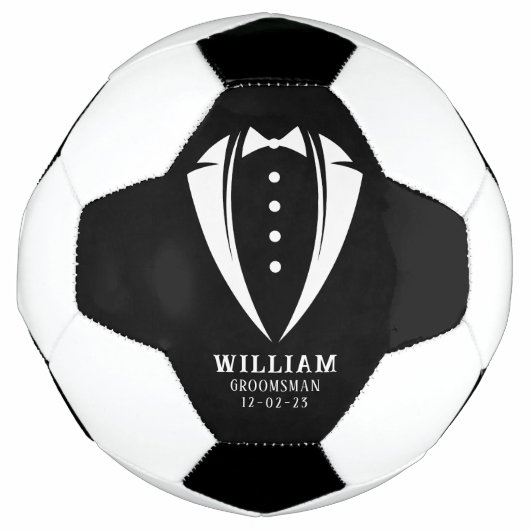 Groomsmenユニークギフト | White on Black Tuxedo サッカーボール (正面)