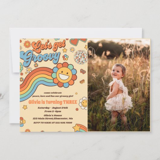 Groovyのレトロレインボー3rd誕生日の写真を入手 招待状 (正面)