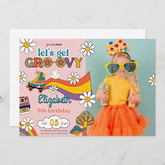 Groovyの花を取得しよう誕生日写真招待状 招待状 (正面/裏面)