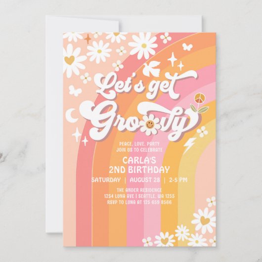 Groovyを取得しようデイジーヒッピー誕生日 招待状 (正面)