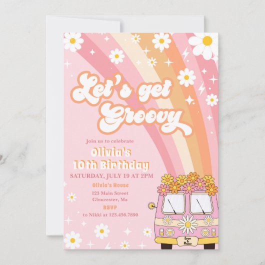 Groovyを取得しようレトロレインボー10誕生日 招待状 (正面)