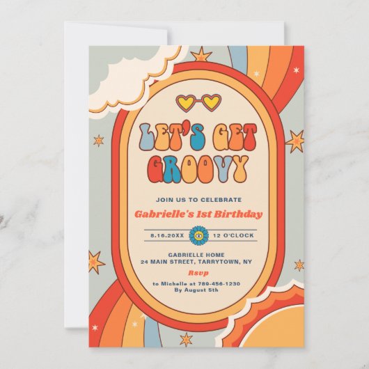 Groovyを取得しようレトロレインボー1st誕生日パーティー 招待状 (正面)