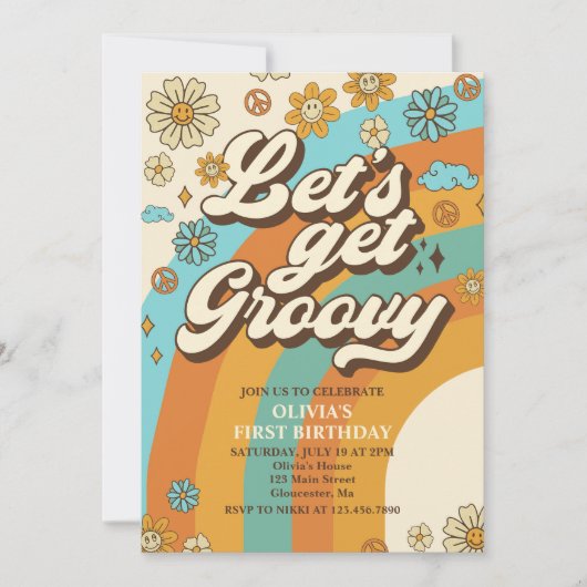 Groovyを取得しようレトロレインボー1st誕生日パーティー 招待状 (正面)