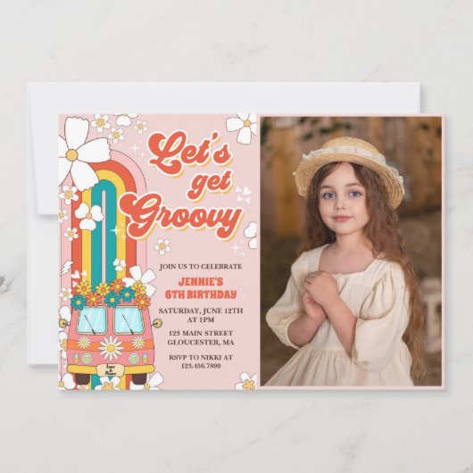 Groovyを取得しようレトロレインボー6th誕生日写真 招待状 (正面)