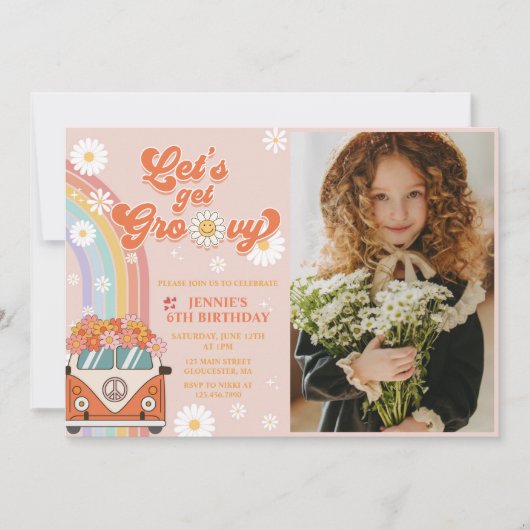 Groovyを取得しようレトロレインボー6th誕生日写真 招待状 (正面)