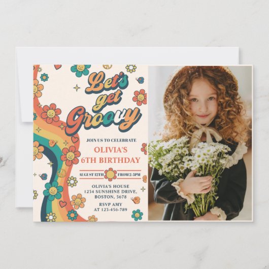 Groovyを取得しようレトロレインボー6th誕生日写真 招待状 (正面)
