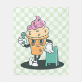 Groovyアイスクリームコーン60sレトログリーン市松模様に フリースブランケット (正面)